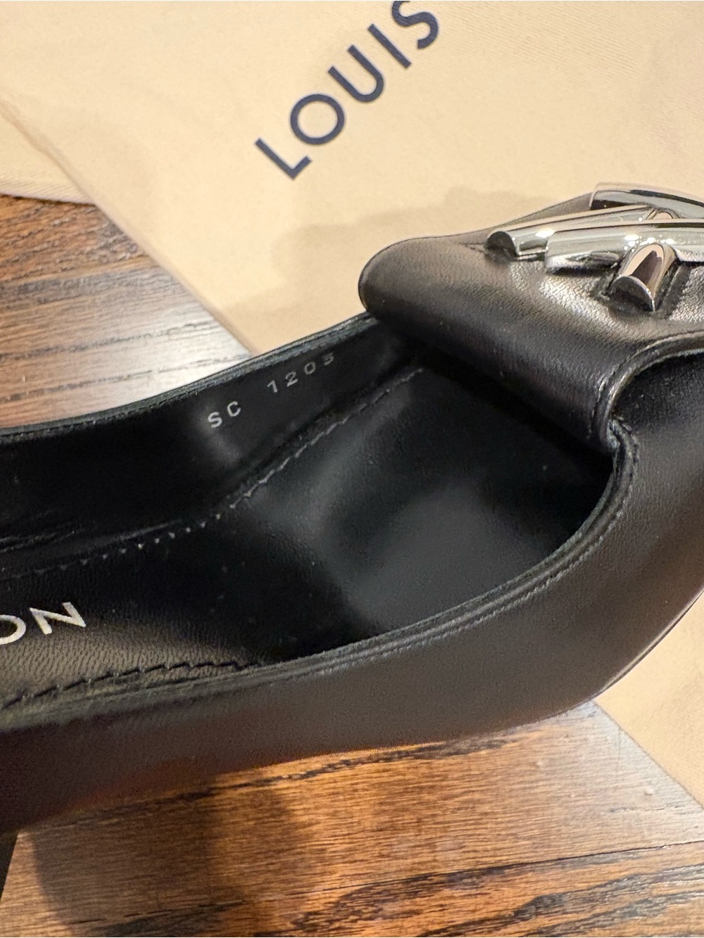 Louis Vuitton Black Leather Peep-Toe Slingback Heels with Silver LV Emblem - Picture 7 of 11